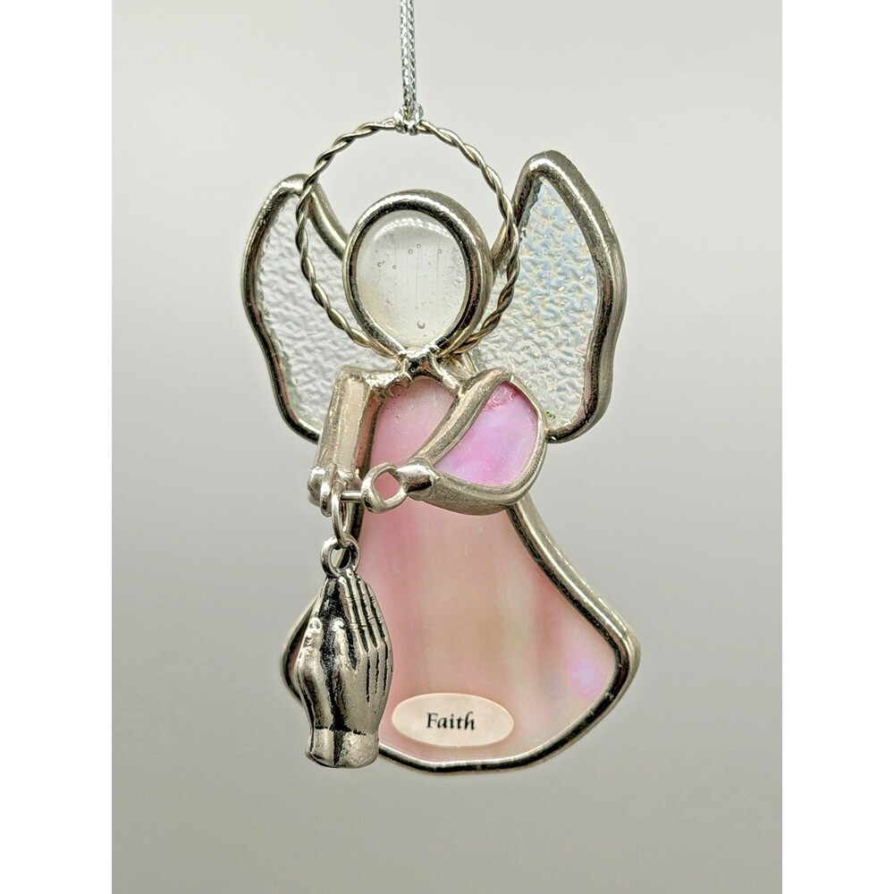 VTG Ganz Stained Glass Pink Faith Angel Suncatcher Ornament Praying Hands
